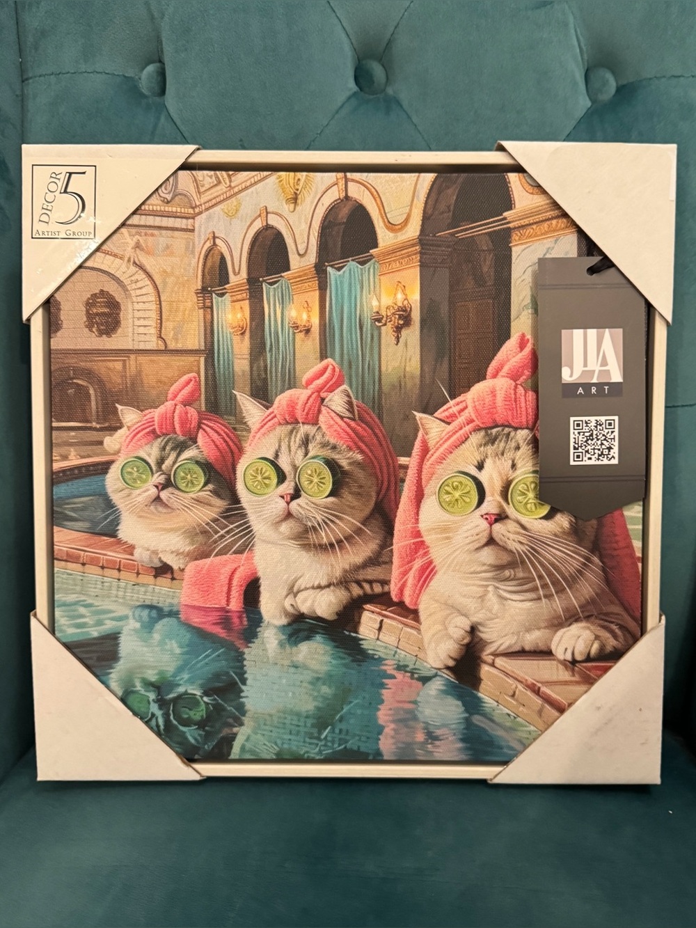 NEW Spa Cats Canvas Wall Art Cucumber Eyes Pink Towels